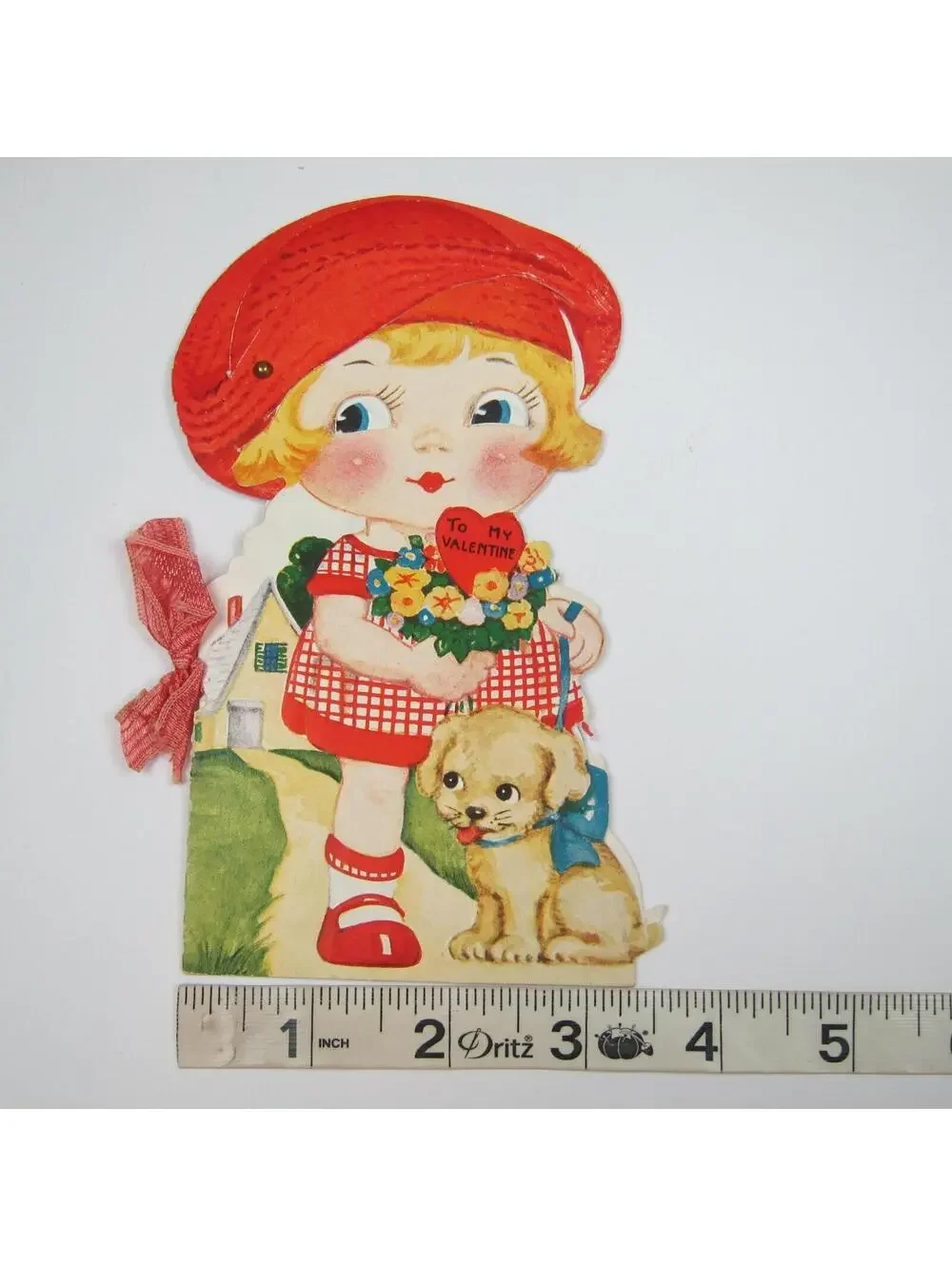 Vintage Valentine Mechanical Red Hat Blonde Girl Puppy Dog LARGE Story Book RARE
